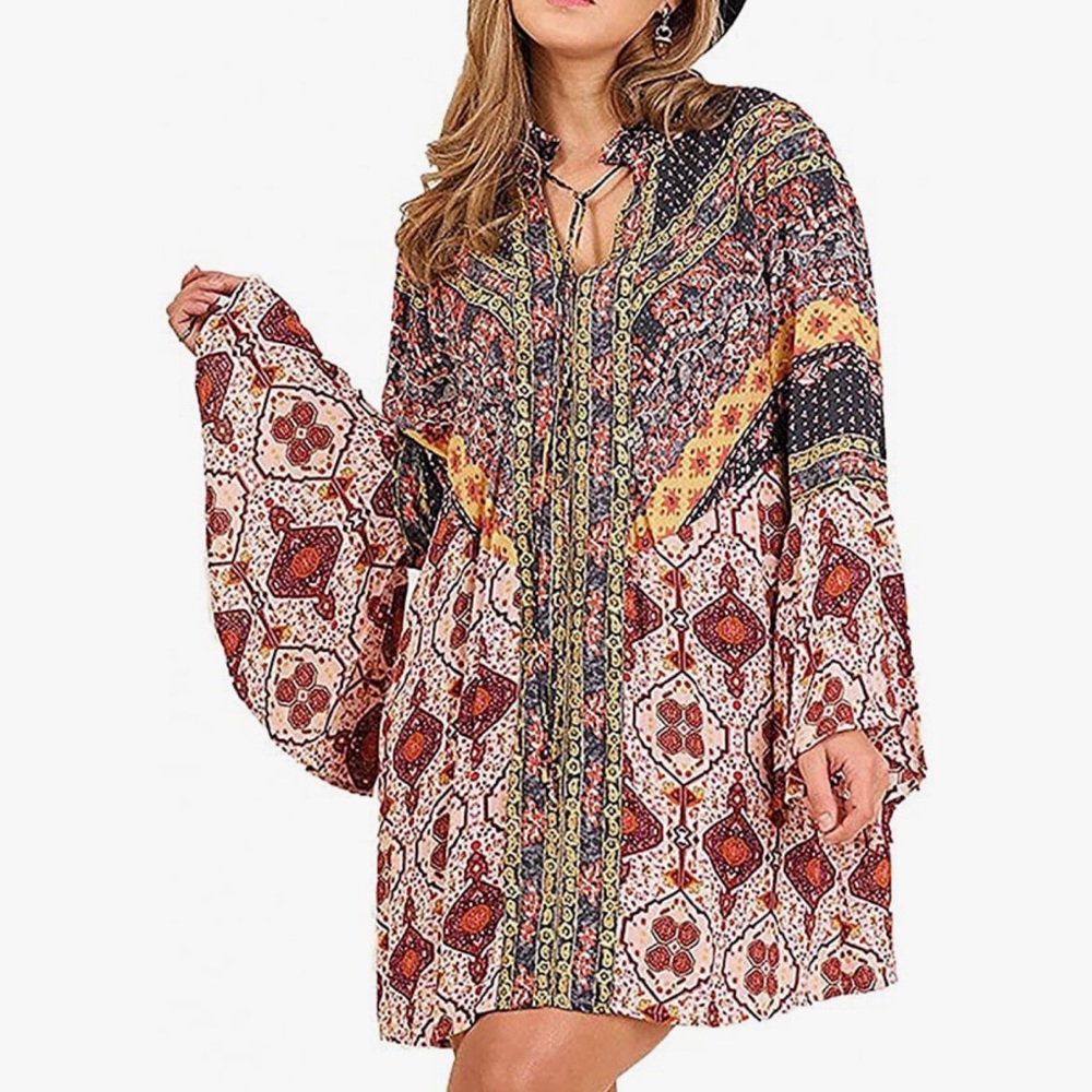 [umgee] Mixed Print Cotton Blend Bell Sleeve Boho Mini Dress
